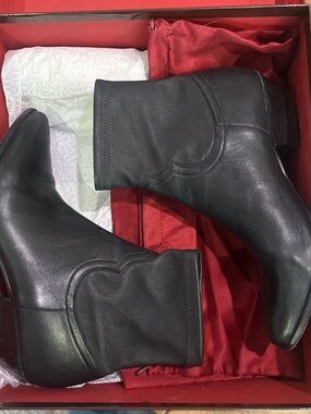 Tamara Mellon Black Leather Ankle Booties with Subtle Western Stitch